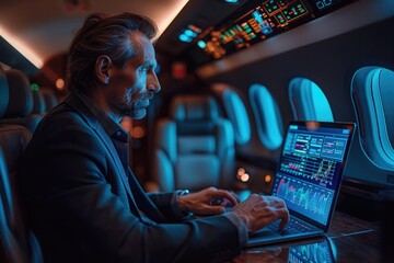A man inside luxury plane with his investment laptop showing charts,  cinematic lighting