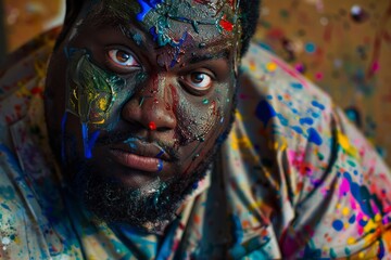 A close-up of a colorful, paint-splattered artist's overalls, representing creativity and the artistic process