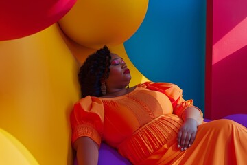 A brightly dressed woman reclines against a backdrop of bold abstract shapes, expressing confident rest