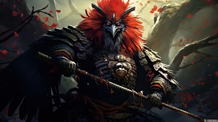 The mythical creature Tengu that guides samurai warriors in folklore. Japanese aesthetics, warrior bird, plate armor, antiquity. Concept of war, mysticism, mythology. Generative by AI