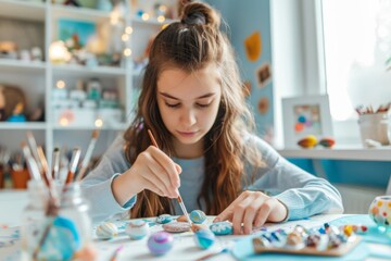 This image captures a young child deeply focused on painting with watercolors, showcasing creativity and learning at home