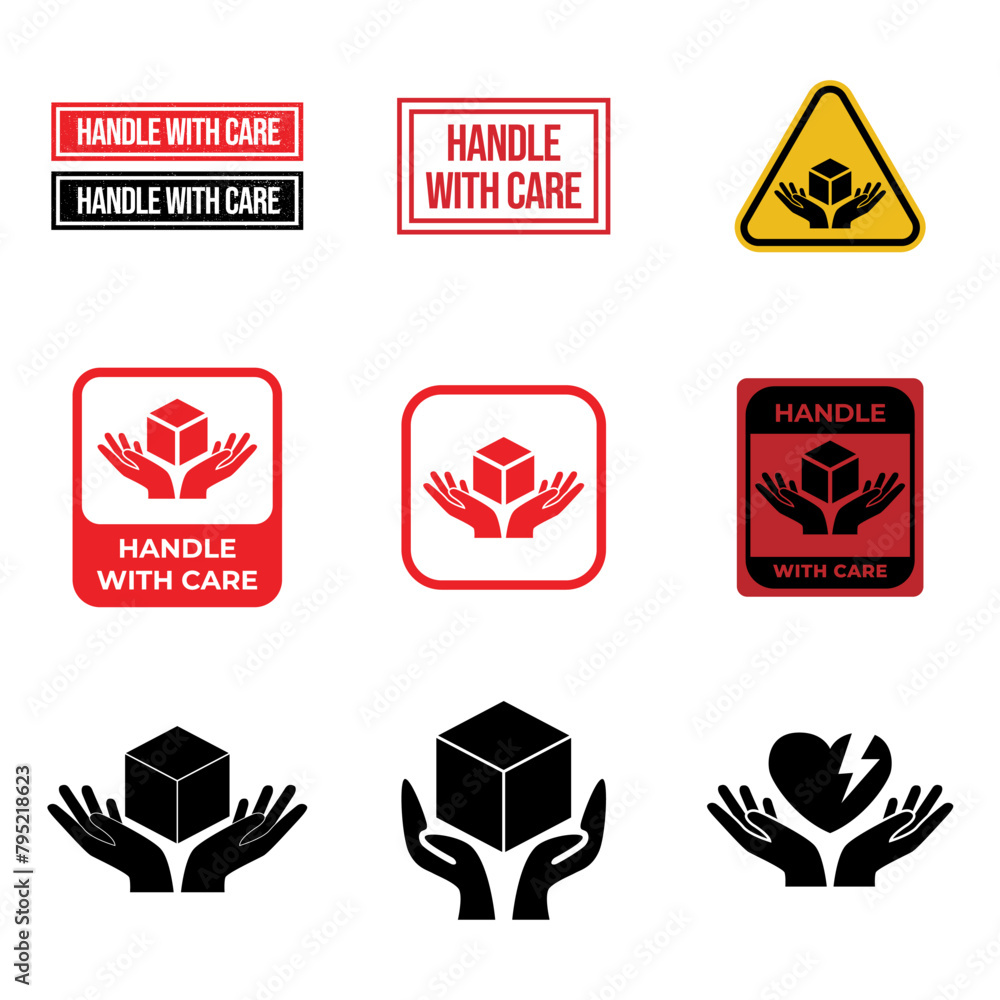 Poster set of handle with care label vector icon for packaging.