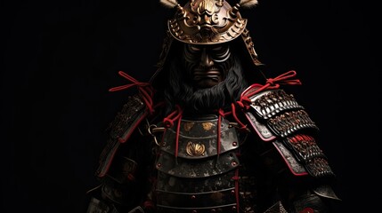 Traditional samurai standing proudly in full armor. Japanese aesthetics, cosplay, costume, fighter, plate armor, antiquity, lone warrior. Military concept. Generative by AI