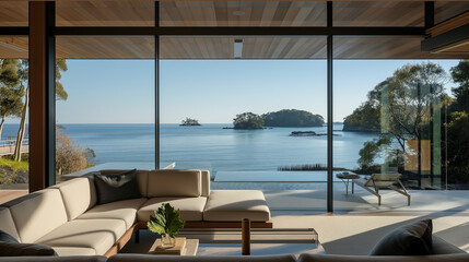 Fototapeta premium Living room design a lake front property, Home design beside of the lake,