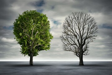 Two contrasting trees One vibrant with green leaves, the other stark and barren, under cloudy sky