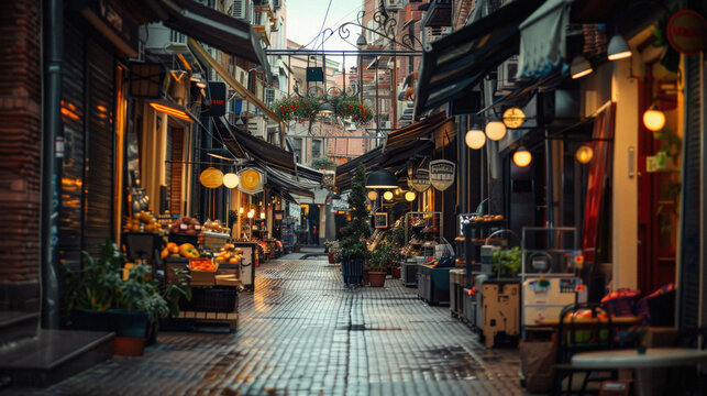 Fototapeta A narrow street with a lot of shops and people walking around