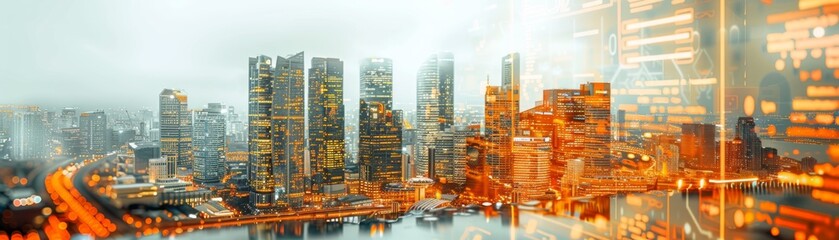 Cityscape of a futuristic city with skyscrapers and lights.