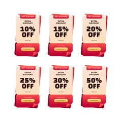 Set of gift voucher discount with different percentage. 10, 15, 20, 25, 30, 50 percent discount promotion for social media or website banner or marketing. vector design banner