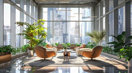 Fototapeta premium A large room with a view of the city and a lot of greenery