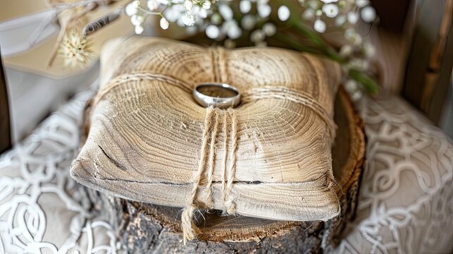 Wedding rings on a rustic wooden tablet for ring bearers. Marriage, jewelry, gifts, holiday packaging, bow. Advertising image concept for jewelry stores. Generative by AI