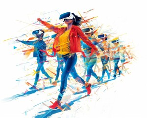 People wearing virtual reality headsets walking in a colorful abstract world.