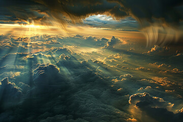A stunning view of a storm breaking, with rays of sunlight piercing through the clouds, creating a...