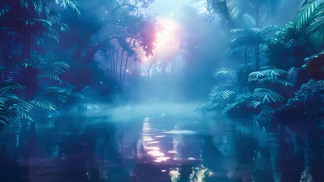 Mystic Jungle Serenity: A Vision in Blue. Concept Nature Photography, Landscape Exploration, Moody Lighting, Outdoor Adventure, Dreamy Atmosphere