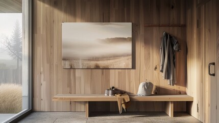 Serene Japandi mudroom design with wooden interiors and natural landscape