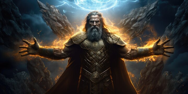 As the ruler of Mount Olympus, Zeus, the almighty ancient Greek god, exerts his authority with a thunderbolt in hand, guiding the destiny of mortals and immortals alike.