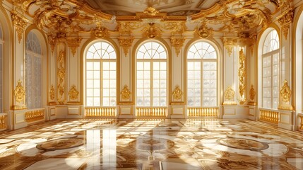 Magnificent Neoclassical Ballroom with Ornate Baroque and Rococo Architectural Details in a Lavish Golden Palace Setting - obrazy, fototapety, plakaty