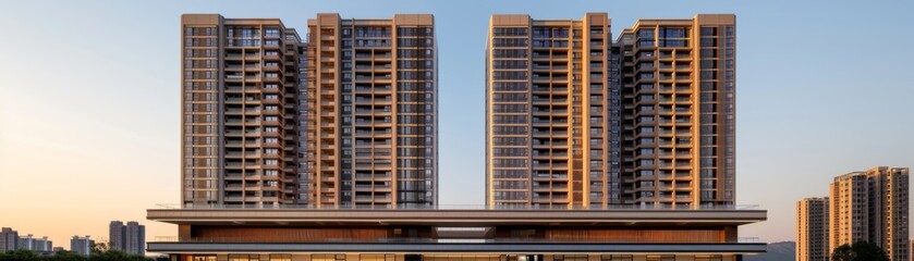 The image shows two tall apartment buildings with a blue sky in the background.