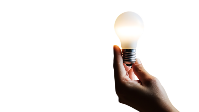 Hand holding a light bulb on a white background, symbolizing a new idea and concept of innovation, creative thinking for business success in the style of a tech industry