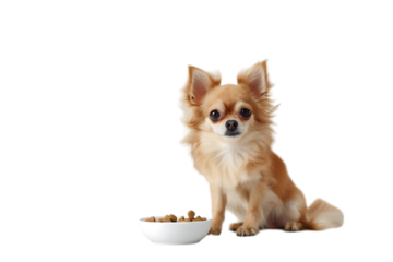A Chihuahua sitting next to a dog food bowl on a white background, in a photo realistic style, stock photography, unreal engine
