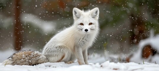 Fototapeta premium Gorgeous arctic fox, the stunning white snow fox in the picturesque winter wonderland