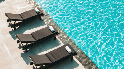 A pool with four black lounge chairs and a white towel on each chair