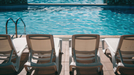 A pool with four white lounge chairs on the side