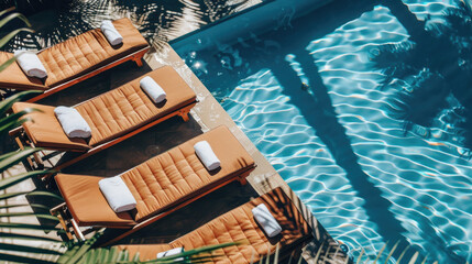A pool with lounge chairs and towels on them