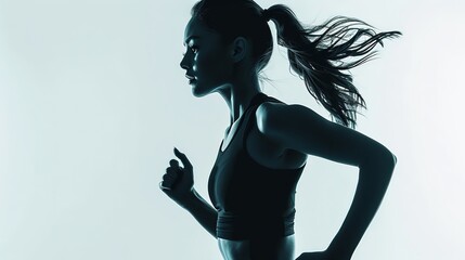 Sporty woman runner in silhouette on light background. Photo of attractive woman in fashionable sportswear. Dynamic movement. Side view - Powered by Adobe