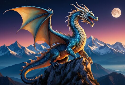 a dragon sits on a mountain with mountains in the background
