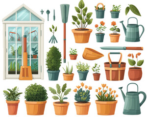 Tools and items for gardening Cartoon set of agricultural equipment and house supplies with glass walls, plants and flowers in pots