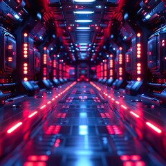 Obraz premium Modern neon-lit corridor in a high-tech environment with dark and glowing 