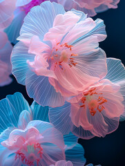 Delicate blue, pink flowers on dark background