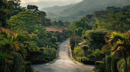 A road with a lush green forest on either side