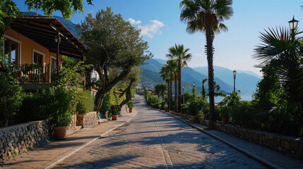 A street with palm trees and a house with a balcony