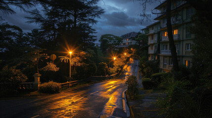 A street at night with a lot of lights and rain