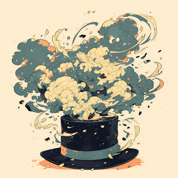 A dramatic, surreal top hat releases a cloud of smoke with a burst of energy. The image is an artistic statement that captures attention and sparks curiosity.