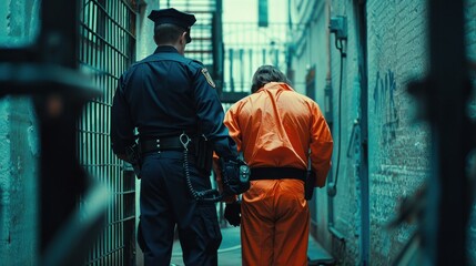 A picture of the back of an Orange jumpsuit prisoner being handcuffed and being arrested, with a police officer standing next to him - Powered by Adobe