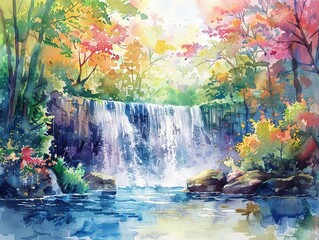 Pastel watercolor of a waterfall in a forest, hand drawn, vibrant and serene nature scene