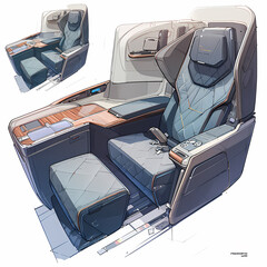 High-end first class airplane seat illustration showcases the epitome of comfort and luxury for a premium travel experience.