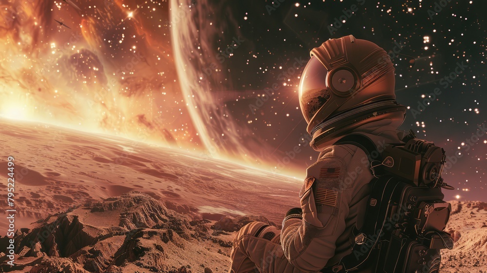 Canvas Prints an astronaut in a protective suit and helmet observes an alien planet