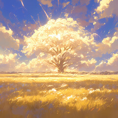 Embrace Solitude in Nature: A tranquil scene of a solitary cottonwood tree standing tall on the edge of a forest under the warm glow of the sun. - obrazy, fototapety, plakaty