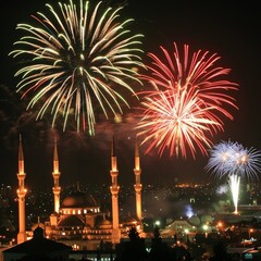 Fireworks light up the sky above a mosque.