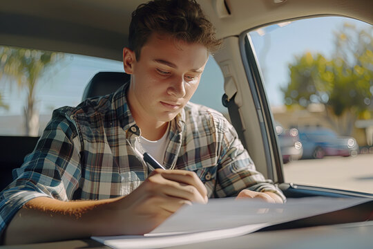 In a poignant scene, a young man who has recently completed driving school signs an official document to obtain his driver's license