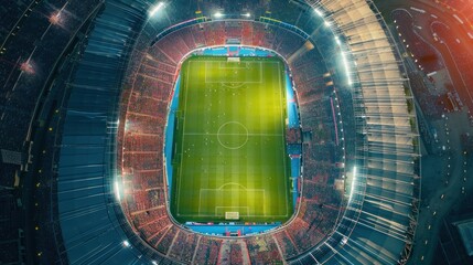Aerial photography of the stadium with the football championship match. Team playing. Fans cheering. Football match. Live broadcast of the football final