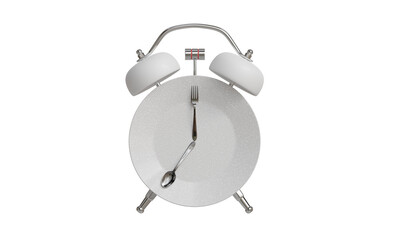 White Alarm clock and plate with utensils. The concept of intermittent fasting, lunch, diet, and weight losss