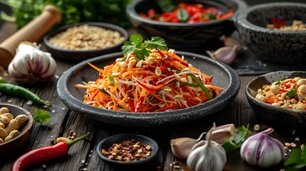 Top View of Vibrant Spicy Thai Som Tam Salad Dish on Dark Slate Plate with Ingredients