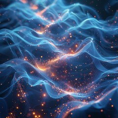 Fototapeta premium Blue and orange glowing particles form into waves.