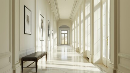 Elegant neoclassical hallway bathed in natural light, featuring framed art and polished floors