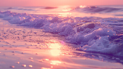Gentle waves wash over a sandy beach at sunset, pink and purple hues