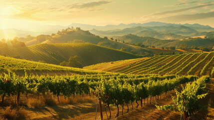 Fototapeta premium A beautiful vineyard with rows of grape vines and a mountain in the background